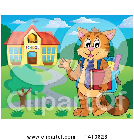 Clipart of a Cat Student Waving by a School - Royalty Free Vector Illustration by visekart