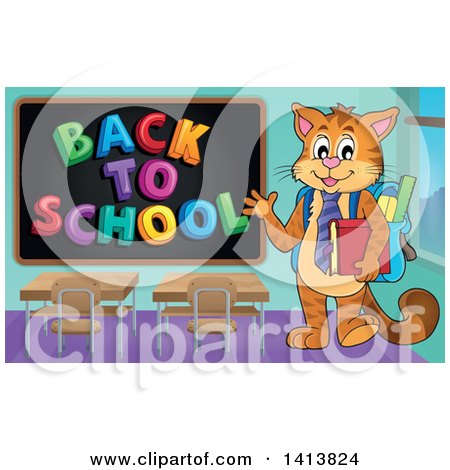 Clipart of a Cat Student Waving by a Back to School Black Board - Royalty Free Vector Illustration by visekart