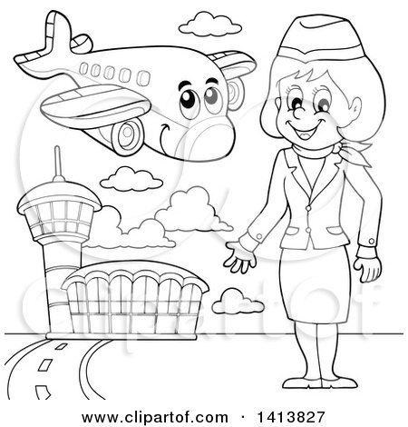 Clipart of a Black and White Lineart Female Flight Attendant at an Airport - Royalty Free Vector Illustration by visekart