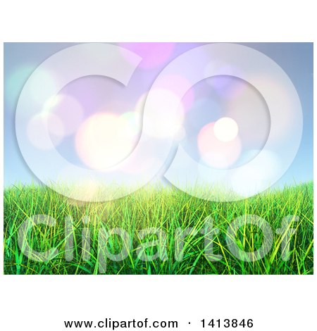 Clipart of a Background of 3d Grass Against Sky and Flares - Royalty Free Illustration by KJ Pargeter