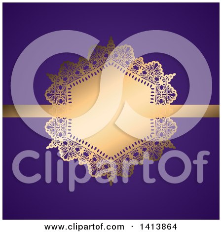 Clipart of a Wedding Invitation Design with a Golden Frame and Ribbon on Purple - Royalty Free Vector Illustration by KJ Pargeter