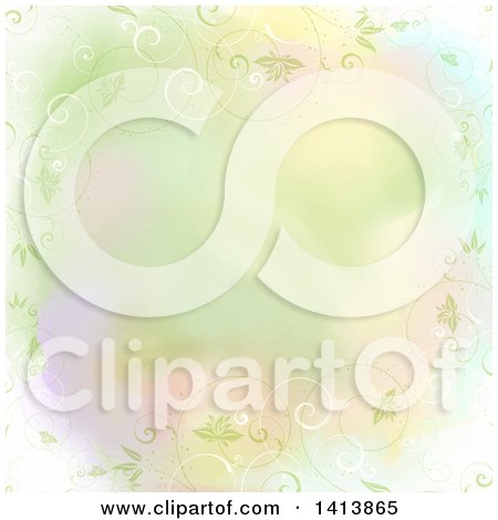 Clipart of a Pastel Watercolor Background with a Border of Floral Vines - Royalty Free Vector Illustration by KJ Pargeter