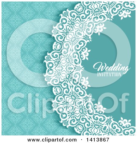 Clipart of a Blue White and Turquoise Damask Floral Wedding Invitation Background with Text - Royalty Free Vector Illustration by KJ Pargeter