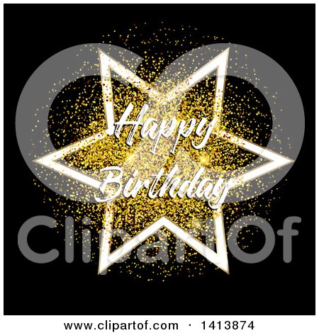 Clipart of a Happy Birthday Greeting and Star over Gold Confetti on Black - Royalty Free Vector Illustration by KJ Pargeter