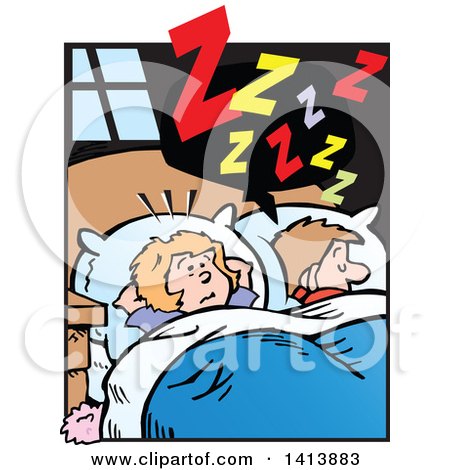 Clipart of a Cartoon Annoyed Caucasian Wife Wide Awake from Her Husbands Snoring - Royalty Free Vector Illustration by Johnny Sajem