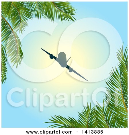Clipart of a Silhouetted Airplane Framed with Palm Trees - Royalty Free Vector Illustration by elaineitalia