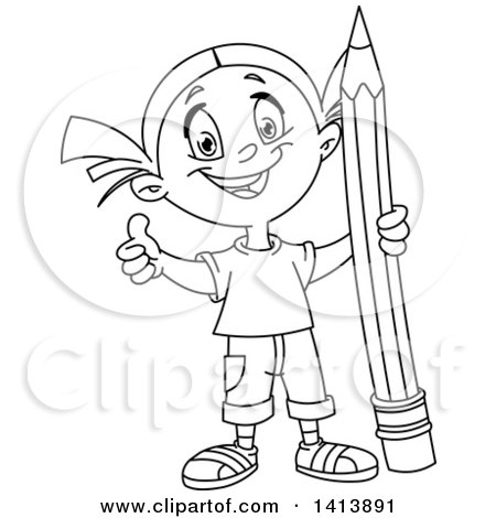 Clipart of a Cartoon Black and White Lineart School Girl Giving a Thumb up and Holding a Giant Pencil - Royalty Free Vector Illustration by yayayoyo