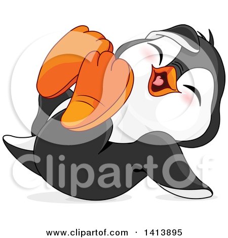 Clipart of a Cute Baby Penguin Rolling on the Floor and Laughing - Royalty Free Vector Illustration by Pushkin