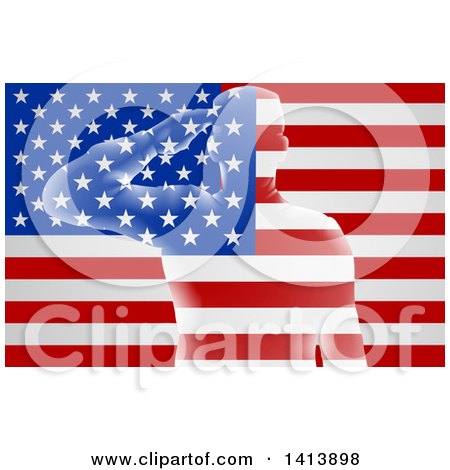 Clipart of a Silhouetted Transparent Saluting Soldier over an American Flag with Rays - Royalty Free Vector Illustration by AtStockIllustration