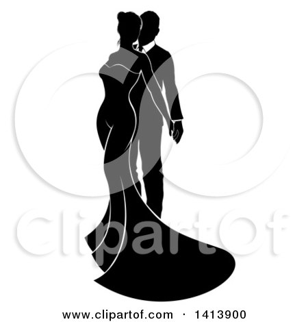 Clipart of a Black and White Posing Bride and Groom - Royalty Free Vector Illustration by AtStockIllustration