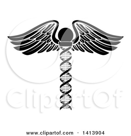 Clipart of a Black and White Medical DNA Strand Winged Rod Caduceus - Royalty Free Vector Illustration by AtStockIllustration