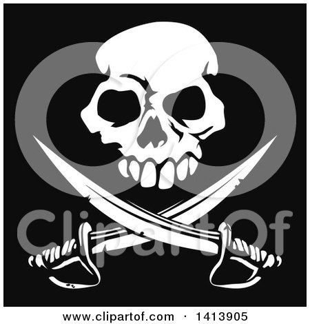 Clipart of a White Skull and Crossed Swords Jolly Roger on Black - Royalty Free Vector Illustration by AtStockIllustration