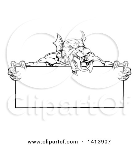 Clipart of a Black and White Muscular Aggressive Welsh Dragon Man Mascot Holding a Blank Sign - Royalty Free Vector Illustration by AtStockIllustration