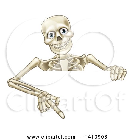 Clipart of a Cartoon Human Skeleton Pointing down over a Sign - Royalty Free Vector Illustration by AtStockIllustration