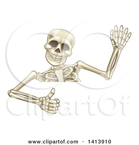 Clipart of a Cartoon Human Skeleton Waving and Giving a Thumb up over a Sign - Royalty Free Vector Illustration by AtStockIllustration