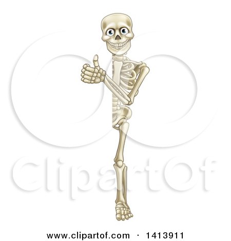 Clipart of a Cartoon Human Skeleton Giving a Thumb up Around Sign - Royalty Free Vector Illustration by AtStockIllustration