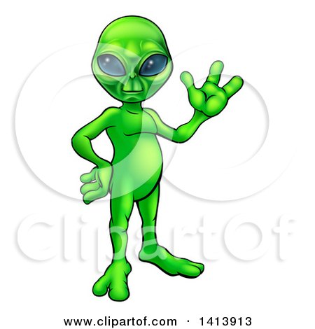 Clipart of a Green Alien Waving or Presenting - Royalty Free Vector Illustration by AtStockIllustration
