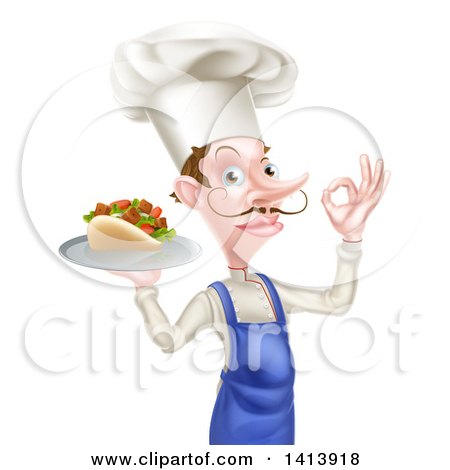 Clipart of a White Male Chef with a Curling Mustache, Holding a Souvlaki Kebab Sandwich on a Tray and Gesturing Ok or Perfect - Royalty Free Vector Illustration by AtStockIllustration