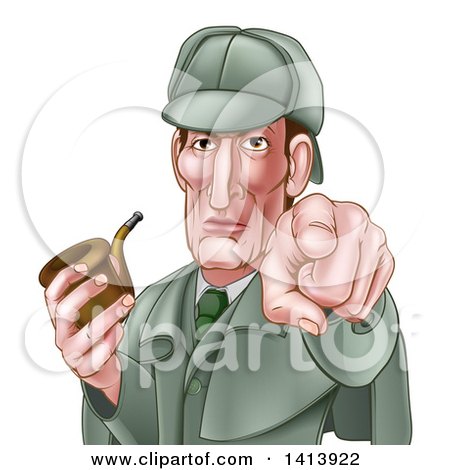 Clipart of a Cartoon Sherlock Holmes Victorian Detective Holding a Pipe and Pointing Outwards - Royalty Free Vector Illustration by AtStockIllustration