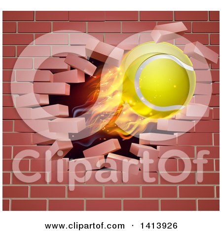 Clipart of a 3d Flying and Blazing Tennis Ball with a Trail of Flames, Breaking Through a Brick Wall - Royalty Free Vector Illustration by AtStockIllustration
