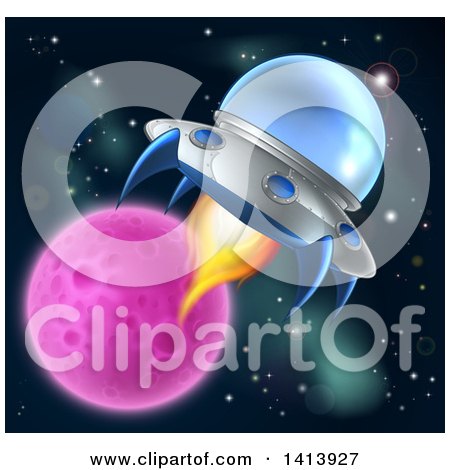 Clipart of a Flying Saucer Ufo in Outer Space, near a Pink Planet or Moon - Royalty Free Vector Illustration by AtStockIllustration