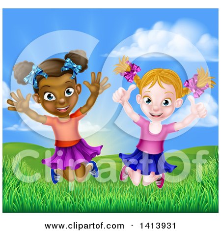 Clipart of Happy Girls Jumping Outside Against a Sunrise - Royalty Free Vector Illustration by AtStockIllustration