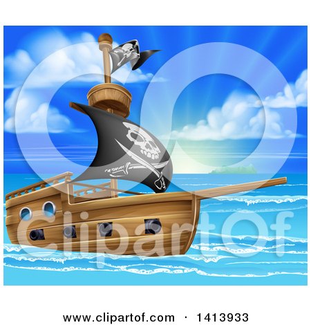 Clipart of a Pirate Ship Flying the Jolly Roger Flag in a Beautiful Blue Sea at Sunrise - Royalty Free Vector Illustration by AtStockIllustration