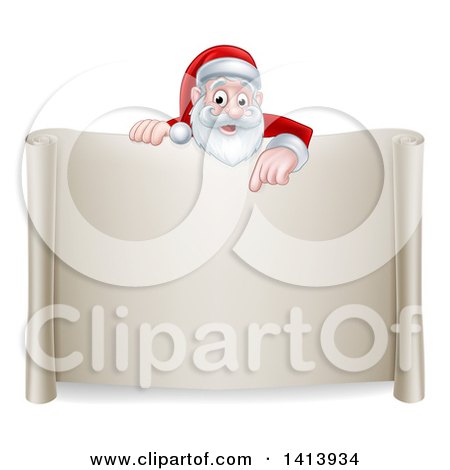 Clipart of a Cartoon Happy Christmas Santa Claus Pointing down over a Scroll Sign - Royalty Free Vector Illustration by AtStockIllustration