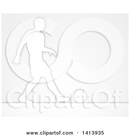 Clipart of a Silhouetted Male Soccer Football Player Passing the Ball, over Gray - Royalty Free Vector Illustration by AtStockIllustration
