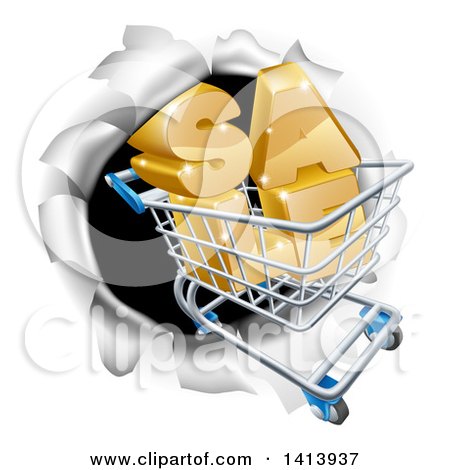 Clipart of a 3d SALE Shopping Cart Breaking Through a Wall - Royalty Free Vector Illustration by AtStockIllustration