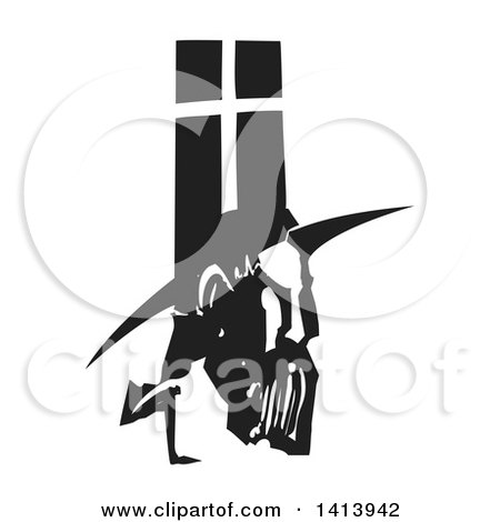 Clipart of a Black and White Woodcut Profile Portrait of a Spanish Inquisitor Under a Cross - Royalty Free Vector Illustration by xunantunich