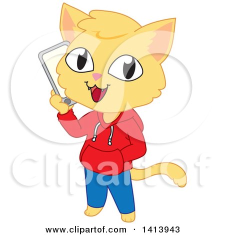 Clipart of a Happy Cat Boy Wearing Clothes and Talking on a Smart Phone - Royalty Free Vector Illustration by Rosie Piter