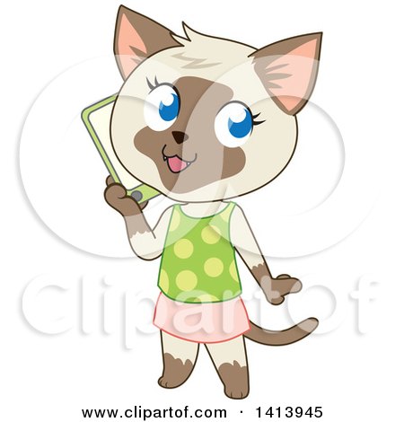Clipart of a Cute Siamese Kitty Cat Girl in a Skirt and Tank Top, Talking on a Smart Phone - Royalty Free Vector Illustration by Rosie Piter