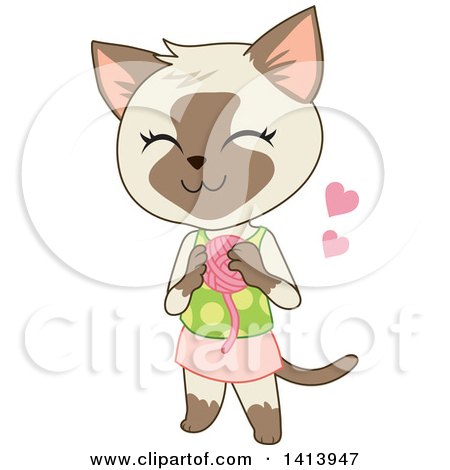 Clipart of a Cute Siamese Kitty Cat Girl in a Skirt and Tank Top and Holding a Ball of Yarn - Royalty Free Vector Illustration by Rosie Piter