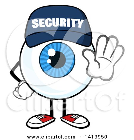 Clipart of a Cartoon Security Guard Eyeball Character Mascot Gesturing Stop - Royalty Free Vector Illustration by Hit Toon