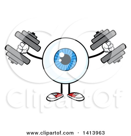 Clipart of a Cartoon Eyeball Character Mascot Working out with Dumbbells - Royalty Free Vector Illustration by Hit Toon
