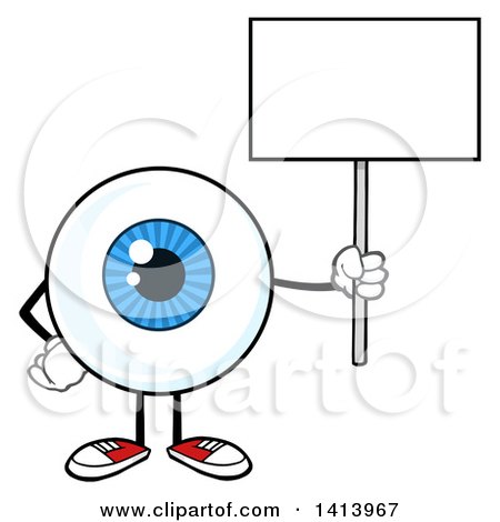 Clipart of a Cartoon Eyeball Character Mascot Holding up a Blank Sign - Royalty Free Vector Illustration by Hit Toon