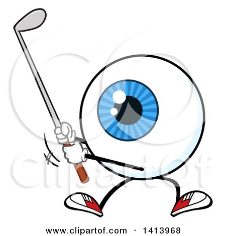 Clipart of a Cartoon Eyeball Character Mascot Swinging a Golf Club - Royalty Free Vector Illustration by Hit Toon