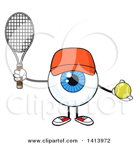 Clipart of a Cartoon Eyeball Character Mascot Wearing a Hat and Holding a Tennis Ball and Racket - Royalty Free Vector Illustration by Hit Toon