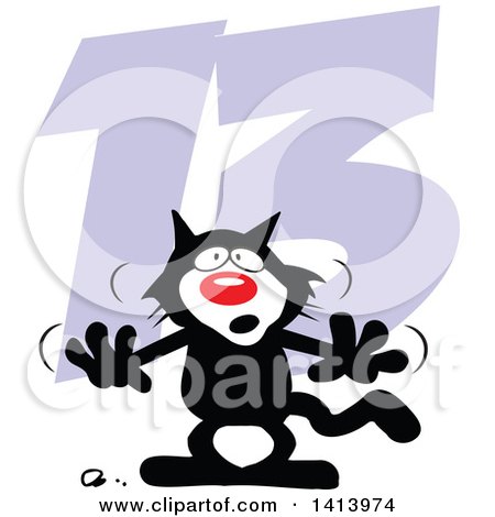 Clipart of a Cartoon Superstition Black Cat over 13 for Friday the Thirteenth - Royalty Free Vector Illustration by Johnny Sajem