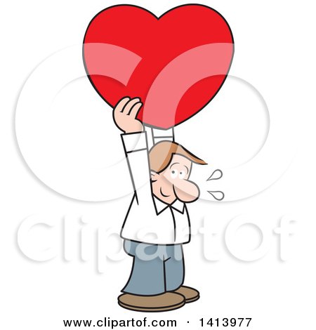Clipart of a Cartoon Shy Caucasian Man Holding a Love Heart Above His Head - Royalty Free Vector Illustration by Johnny Sajem