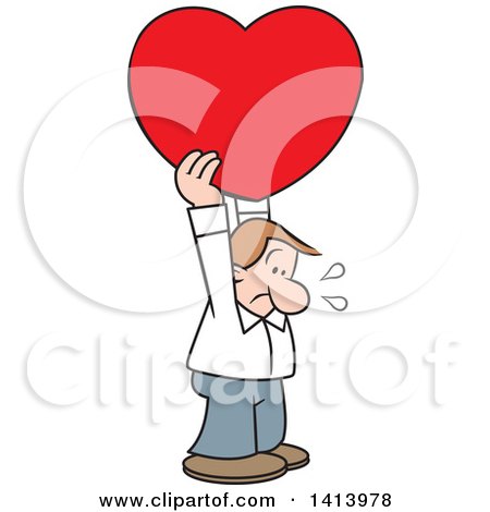 Clipart of a Cartoon Caucasian Man Holding a Heavy Love Heart Above His Head - Royalty Free Vector Illustration by Johnny Sajem