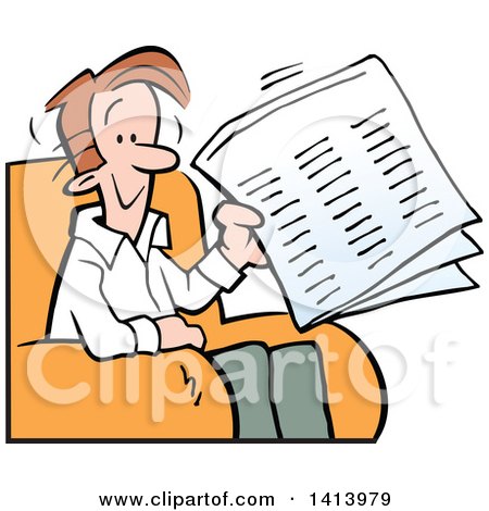 Clipart of a Cartoon Happy Caucasian Man Holding a Newspaper and Sitting in a Chair - Royalty Free Vector Illustration by Johnny Sajem