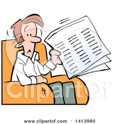 Clipart of a Cartoon Worried Caucasian Man Holding a Newspaper and Sitting in a Chair - Royalty Free Vector Illustration by Johnny Sajem