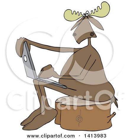 Clipart of a Cartoon Moose Sitting on a Tree Stump and Using a Laptop - Royalty Free Vector Illustration by djart
