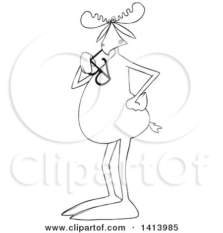 Clipart of a Cartoon Black and White Moose Standing Upright and Chewing on Sunglasses - Royalty Free Vector Illustration by djart