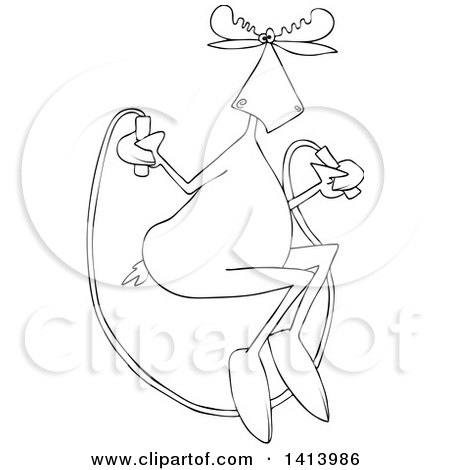 Clipart of a Cartoon Black and White Moose Skipping Rope - Royalty Free Vector Illustration by djart