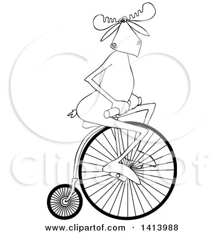 Clipart of a Cartoon Black and White Moose Riding a Penny Farthing Bicycle - Royalty Free Vector Illustration by djart