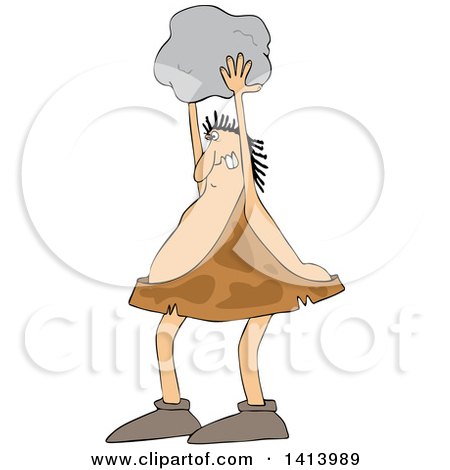 Clipart of a Cartoon Chubby Caveman Throwing a Boulder - Royalty Free Vector Illustration by djart
