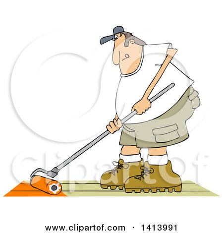 Clipart of a Cartoon Caucasian Man Using a Roller to Stain His Deck - Royalty Free Vector Illustration by djart